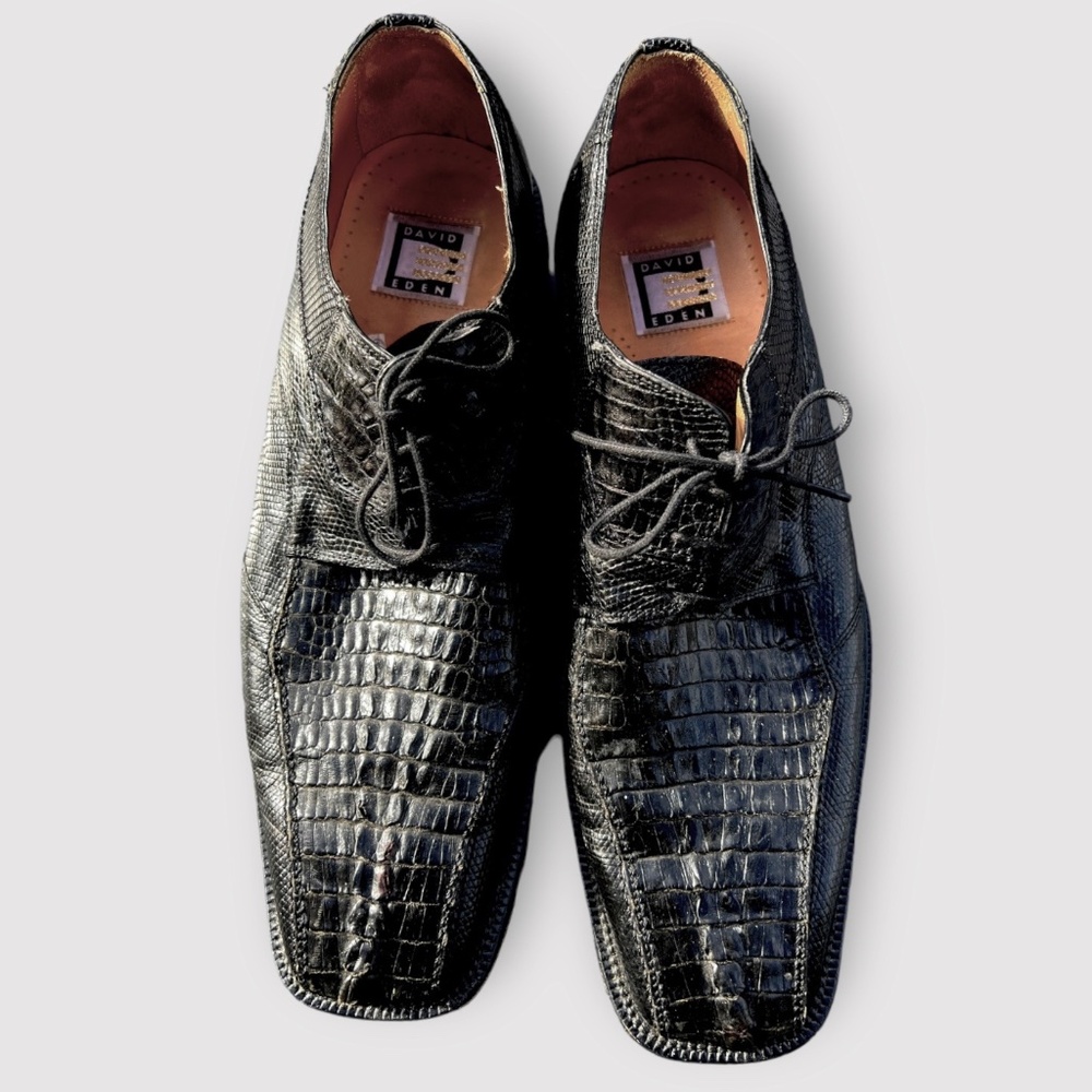 David Eden Lizard & Crocodile Wallace Black Oxford Square Toe Dress Shoe Sz 12